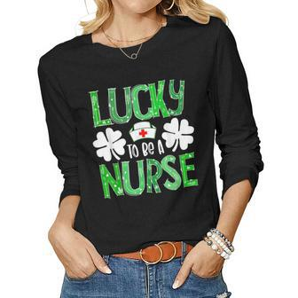 Nurse St Patricks Day Lucky To Be A Nurse Shamrocks Plaid  Women Graphic Long Sleeve T-shirt