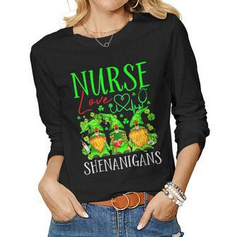 Nurses Love Shenanigans Funny Gnomes Nurse St Patricks Day V8 Women Graphic Long Sleeve T-shirt - Seseable