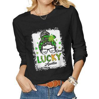 One Lucky Auntie Messy Bun Shamrock St Patricks Day Women Graphic Long Sleeve T-shirt - Thegiftio UK