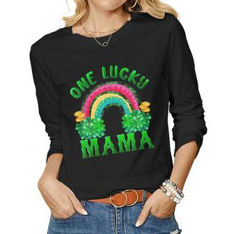 One Lucky Mama Buffalo Plaid Shamrock Rainbow St Patrick Day Women Graphic Long Sleeve T-shirt - Seseable