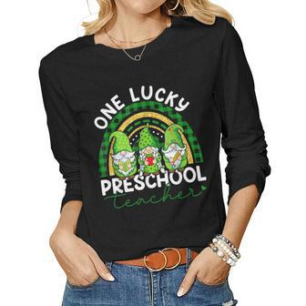 One Lucky Preschool Teacher Gnomes St Patricks Rainbow Women Graphic Long Sleeve T-shirt - Seseable