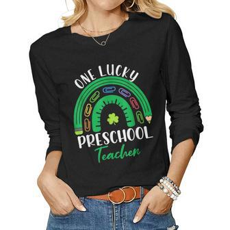 One Lucky Preschool Teacher St Patricks Day Teacher Rainbow Women Graphic Long Sleeve T-shirt - Seseable