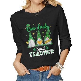 One Lucky Sped Teacher Gnome Shamrock St Patricks Day Women Graphic Long Sleeve T-shirt - Seseable
