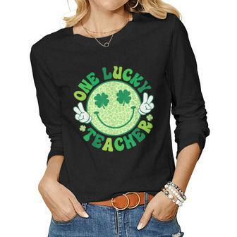 One Lucky Teacher Groovy Smile Face Patrick’S Day Shamrock Women Long Sleeve T-shirt | Mazezy