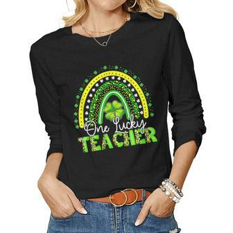 One Lucky Teacher Leopard Rainbow Shamrock St Patricks Day Women Graphic Long Sleeve T-shirt - Seseable