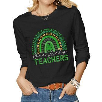 One Lucky Teacher Rainbow Patricks Day Shamrock Leopard Women Graphic Long Sleeve T-shirt - Seseable