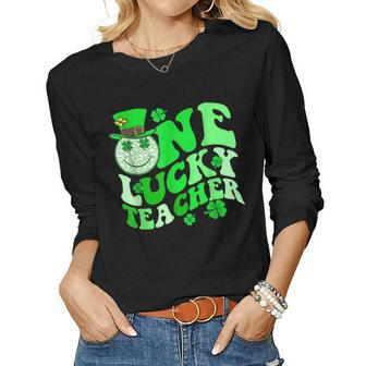 One Lucky Teacher Shamrock Groovy St Patricks Day Women Graphic Long Sleeve T-shirt - Seseable