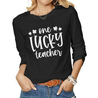 One Lucky Teacher Shamrock St Patricks Day Funny School Women Graphic Long Sleeve T-shirt - Seseable