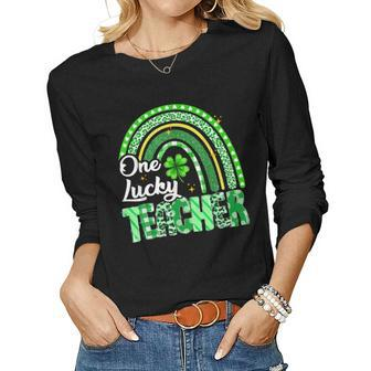One Lucky Teacher St Patricks Day Rainbow Leopard Shamrock Women Graphic Long Sleeve T-shirt - Seseable