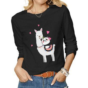 Panda Riding Llama Best Friends Alpaca Animal Lover Gift Women Graphic Long Sleeve T-shirt - Seseable