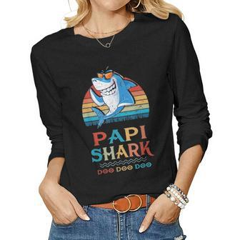 Papi Shark Fathers Day Gift From Wife Son Daughter V2 Women Graphic Long Sleeve T-shirt - Seseable