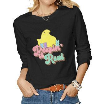 Peepin It Real Vintage Cute Chicken Bunny Rabbit Easter Day Women Graphic Long Sleeve T-shirt - Seseable