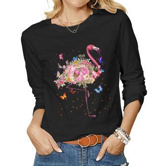 Pink Flamingo Watercolor T Hawaiian Flowers Floral Women Graphic Long Sleeve T-shirt - Seseable
