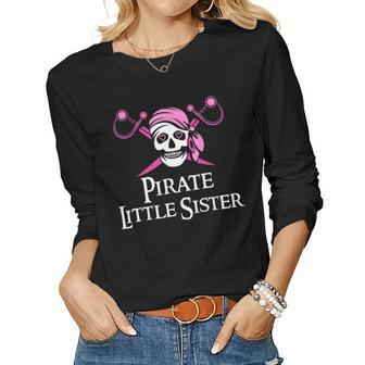 Pink Pirate Little Sister Skull And Crossbones Flag Women Long Sleeve T-shirt | Mazezy