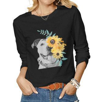 Womens Pit Bull Mom T Shirt Face Flower - Women Long Sleeve T-shirt | Mazezy