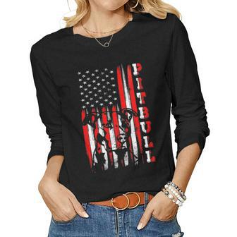 Proud American Pitbull Terrier Flag Funny Dog Dad Mom Gifts Women Graphic Long Sleeve T-shirt - Seseable