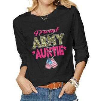 Proud Army Auntie Camo Us Flag Dog Tags Pride Military Aunt Women Graphic Long Sleeve T-shirt - Seseable