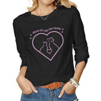 Proud Cat And Dog Mommy Dogs Lover Cats Mom Mother Mama Women Long Sleeve T-shirt | Mazezy