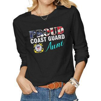 Proud Coast Guard Aunt With American Flag Military Veteran Women Graphic Long Sleeve T-shirt - Seseable