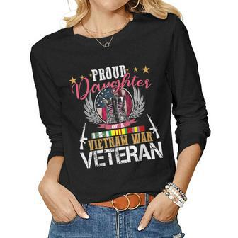 Proud Daughter Vietnam War Veteran American Flag Military Women Graphic Long Sleeve T-shirt - Seseable