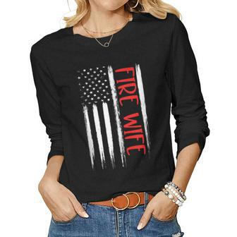 Proud Fire Wife Thin Red Line American Flag Firefighter Gift Women Graphic Long Sleeve T-shirt - Seseable