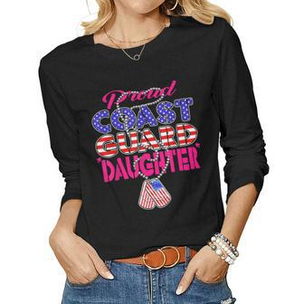 Proud Us Coast Guard Daughter Us Flag Dog Tag Military Child Women Graphic Long Sleeve T-shirt - Seseable