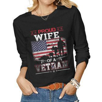 Proud Wife Of A Veteran Vintage Flag Military Veterans Day Women Graphic Long Sleeve T-shirt - Seseable