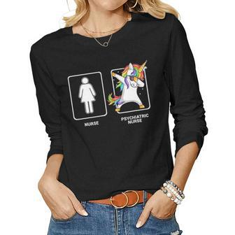 Psychiatric Nurse Unicorn Dabbing Funny Dab Women Graphic Long Sleeve T-shirt - Seseable