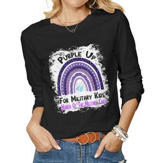 Purple Up For Military Kids Month Military Rainbow Leopard Women Long Sleeve T-shirt | Mazezy