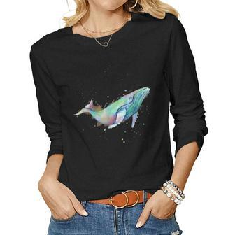 Rainbow Watercolor Whale Humpback Blue Whale Women Graphic Long Sleeve T-shirt - Seseable