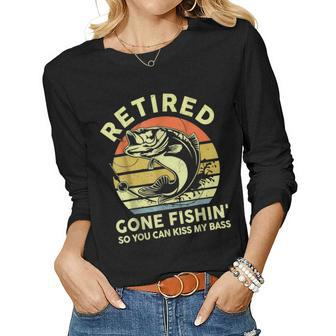 Retired Gone Fishing Reel Cool Dad Bass Grandpa Women Long Sleeve T-shirt | Mazezy