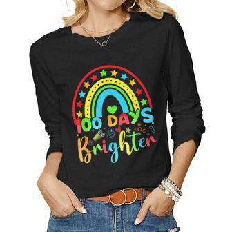 Retro 100 Days Of Brighter Teacher 100 Days Smarter Women Graphic Long Sleeve T-shirt - Seseable