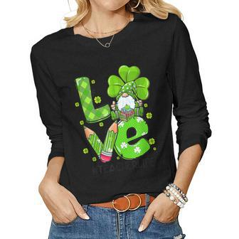 Retro Cute Irish Gnome Love Teacher Shamrock St Patricks Day V2 Women Graphic Long Sleeve T-shirt - Seseable