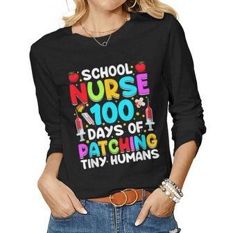 Retro Funny 100 Days Of Patching Tiny Humans School Nurse Rn Women Graphic Long Sleeve T-shirt - Seseable