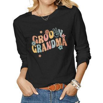 Womens Retro Groovy Grandma Flower Power Hippie Family Groovy Vibes Women Long Sleeve T-shirt | Mazezy