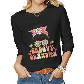 Retro Groovy Grandma Messy Bun Women Hippie Family Matching Women Long Sleeve T-shirt | Mazezy