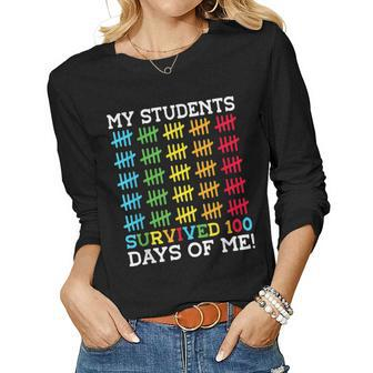 Retro My Students Survived 100 Days Of Me Funny Teacher Women Graphic Long Sleeve T-shirt - Seseable