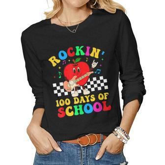 Retro Rockin 100 Days Of School Guitar Music Teacher Women Graphic Long Sleeve T-shirt - Seseable