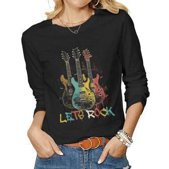 Lets Rock Rock N Roll Guitar Retro Graphic For Men Women Women Long Sleeve T-shirt | Mazezy