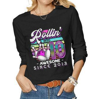 Rollin Into 10 Awesome 2013 Retro Bowling 10Th Birthday Women Long Sleeve T-shirt | Mazezy