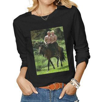 Russian Putin Riding A Horse With Donald Trump Meme Women Long Sleeve T-shirt | Mazezy