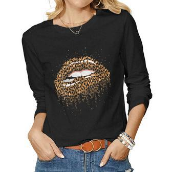 Womens Womens Cool Lips Bite Kiss Me Leopard Print Women Long Sleeve T-shirt | Mazezy