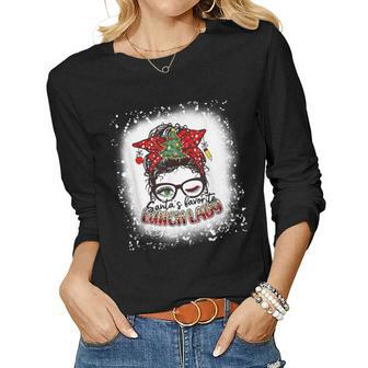 Santas Favorite Lunch Lady Messy Bun Mom Christmas Bleached  Women Graphic Long Sleeve T-shirt