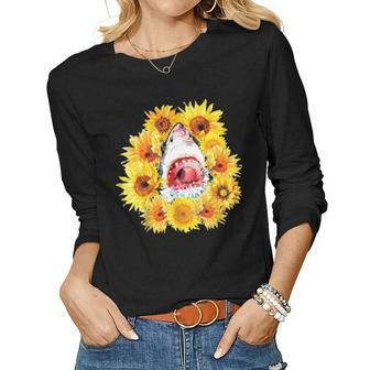 Shark Sunflower Funny Shark Lover Gift Women Graphic Long Sleeve T-shirt - Seseable
