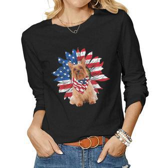 Silky Terrier American Flag Sunflower Dog Lovers 4Th Of July Women Long Sleeve T-shirt | Mazezy