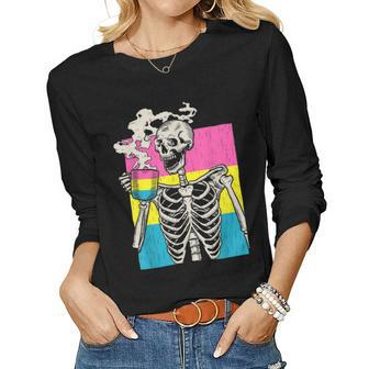 Skeleton Drinking Coffee Lgbt-Q Pansexual Pride Pan Flag Women Long Sleeve T-shirt | Mazezy