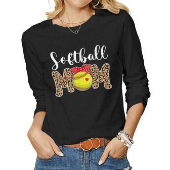 Softball Mom Leopard Messy Bun Game Day Women Long Sleeve T-shirt | Mazezy