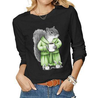 Squirrel Coffee Funny Coffee Drinking Squirrel Women Graphic Long Sleeve T-shirt - Seseable