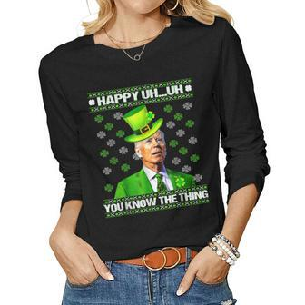 St Patricks Day Confused Joe Biden Easter Men Women Shamrock Women Graphic Long Sleeve T-shirt - Seseable
