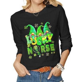 St Patricks Day Gnome Nurse Scrubs Top Nursing Lucky Women Graphic Long Sleeve T-shirt - Seseable